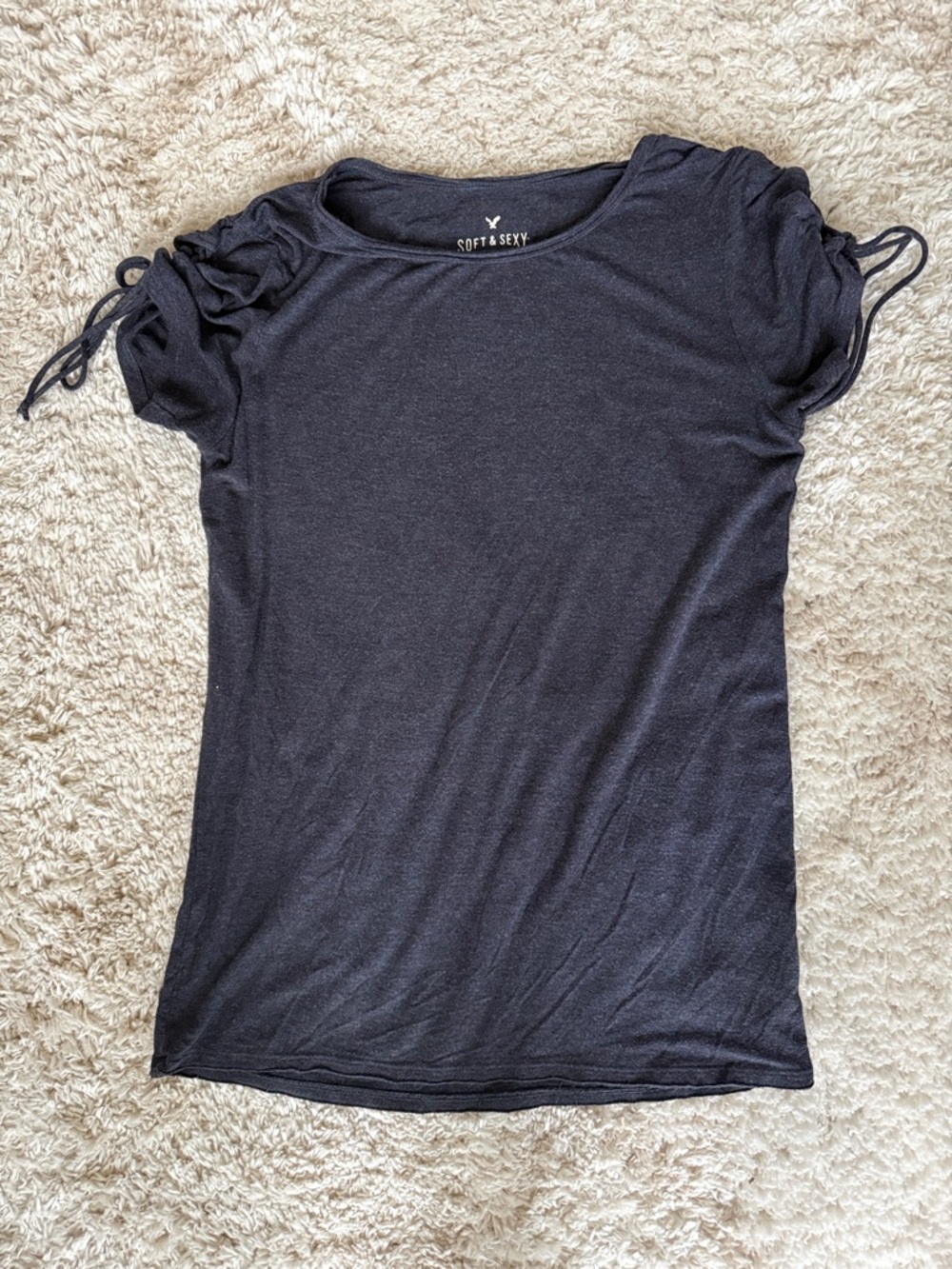American Eagle Outfitters Navy Short Sleeve Ruched Shoulder Tee